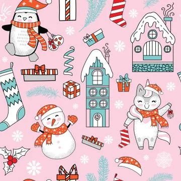 Seamless pattern vector Merry Christmas elements and unicorn Stock Illustration