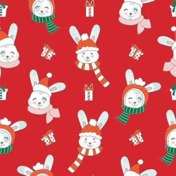 Seamless pattern vector Merry Christmas rabbits on red Stock Illustration