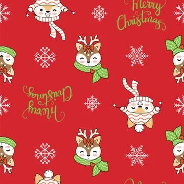 Seamless pattern vector Merry Christmas animals on red Illustrazione stock