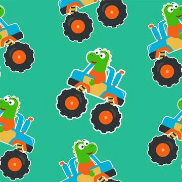 Seamless pattern vector of monster truck and  with cartoon style, Stock Illustration