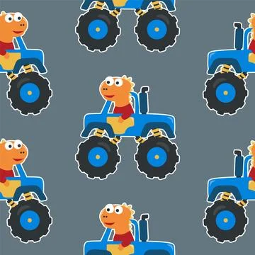 Seamless pattern vector of monster truck and  with cartoon style, Stock Illustration
