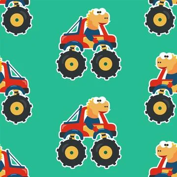 Seamless pattern vector of monster truck and  with cartoon style, Stock Illustration