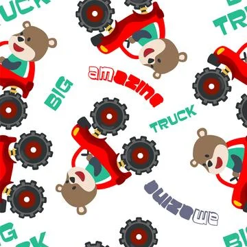 Seamless pattern vector of monster truck with animal driver. Stock Illustration