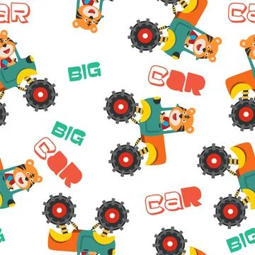 Seamless pattern vector of monster truck with animal driver. Stock Illustration