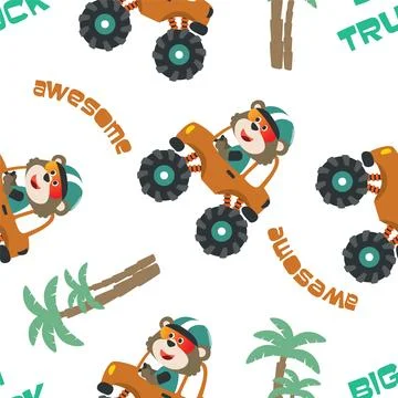 Seamless pattern vector of monster truck with animal driver. Stock Illustration