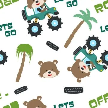 Seamless pattern vector of monster truck with animal driver. Stock Illustration