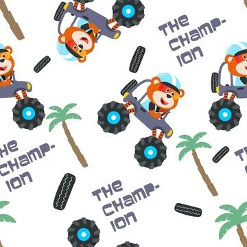 Seamless pattern vector of monster truck with animal driver. Stock Illustration