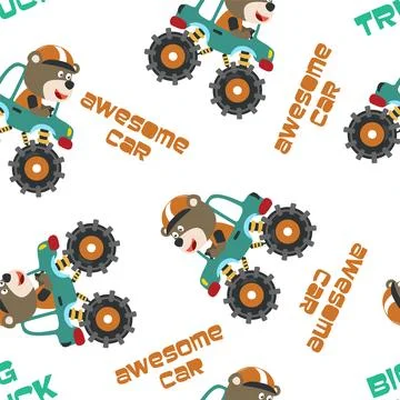 Seamless pattern vector of monster truck with animal driver. Stock Illustration