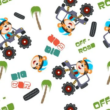 Seamless pattern vector of monster truck with animal driver. Stock Illustration
