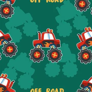 Seamless pattern vector of monster truck with cartoon style. Stock Illustration