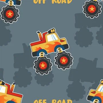 Seamless pattern vector of monster truck with cartoon style. Stock Illustration