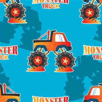 Seamless pattern vector of monster truck with cartoon style. Stock Illustration