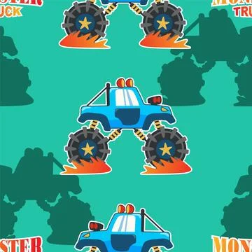 Seamless pattern vector of monster truck with cartoon style. Illustrazione stock