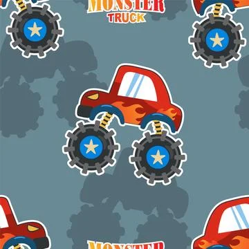 Seamless pattern vector of monster truck with cartoon style. Stock Illustration