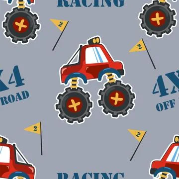 Seamless pattern vector of monster truck with cartoon style. Stock Illustration