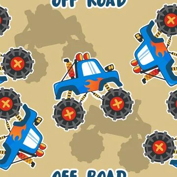 Seamless pattern vector of monster truck with cartoon style. Stock Illustration