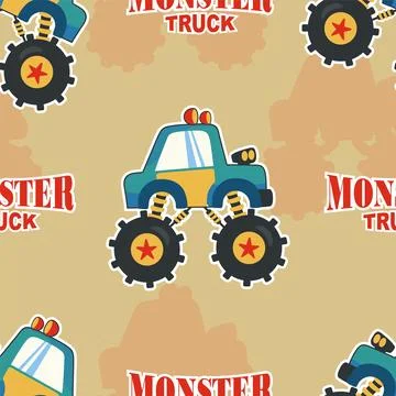 Seamless pattern vector of monster truck with cartoon style. Stock Illustration