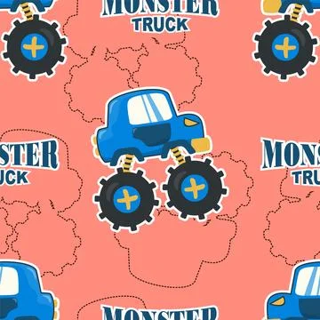 Seamless pattern vector of monster truck with cartoon style. Stock Illustration