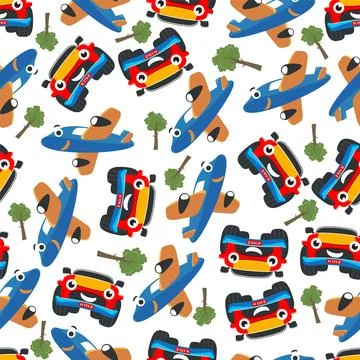 Seamless pattern vector of monster truck and cute little airplane Stock Illustration