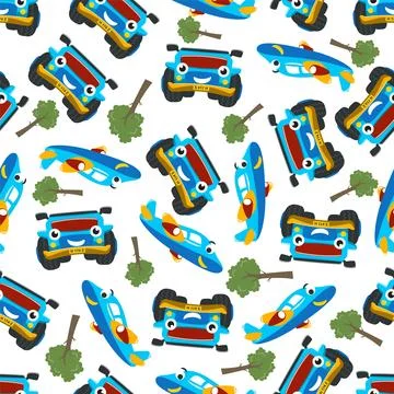 Seamless pattern vector of monster truck and cute little airplane. Stock Illustration