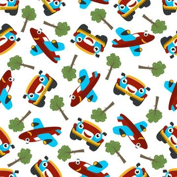 Seamless pattern vector of monster truck and cute little airplane. Stock Illustration