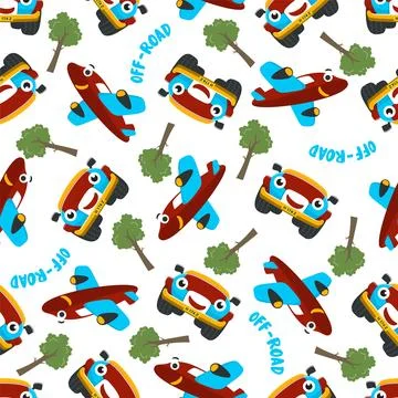Seamless pattern vector of monster truck and cute little airplane. Stock Illustration