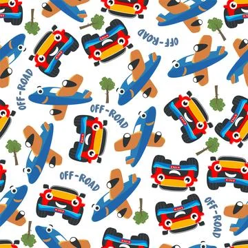 Seamless pattern vector of monster truck and cute little airplane. Stock Illustration
