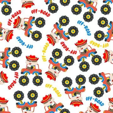 Seamless pattern vector of monster truck with animal driver. Stock Illustration