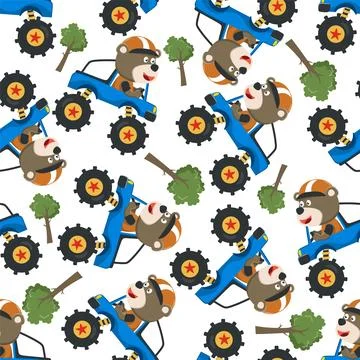Seamless pattern vector of monster truck with animal driver. Stock Illustration