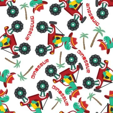 Seamless pattern vector of monster truck with animal driver. Stock Illustration