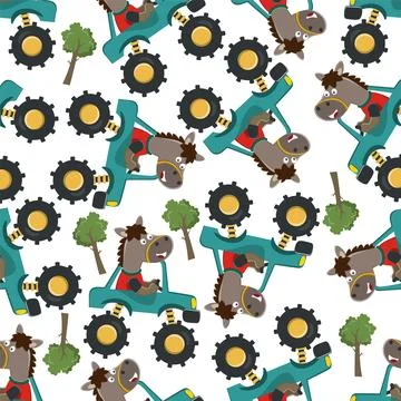 Seamless pattern vector of monster truck with animal driver. Stock Illustration