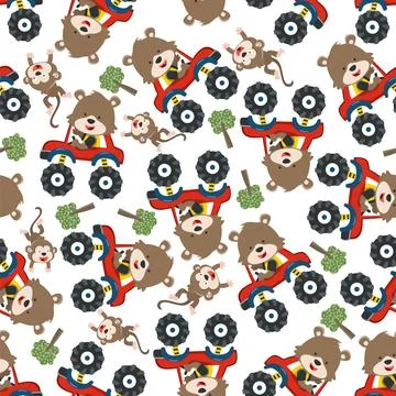 Seamless pattern vector of monster truck with animal driver. Stock Illustration