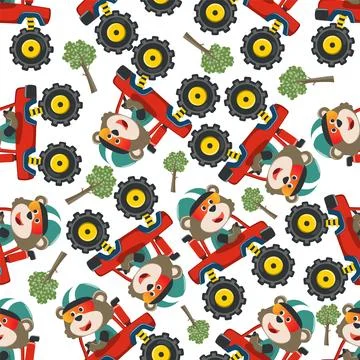 Seamless pattern vector of monster truck with animal driver. Stock Illustration