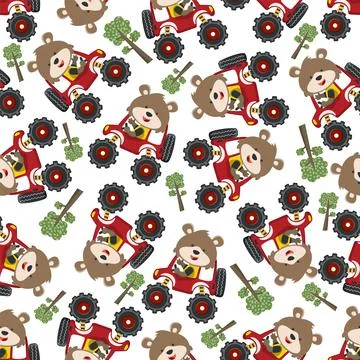 Seamless pattern vector of monster truck with animal driver. Stock Illustration