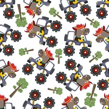 Seamless pattern vector of monster truck with animal driver. Stock Illustration