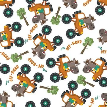 Seamless pattern vector of monster truck with animal driver. Stock Illustration