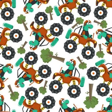 Seamless pattern vector of monster truck with animal driver Stock Illustration