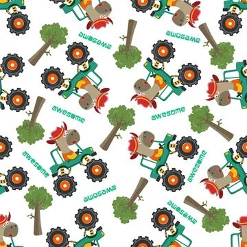 Seamless pattern vector of monster truck with animal driver. Stock Illustration
