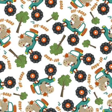 Seamless pattern vector of monster truck with animal driver. Stock Illustration