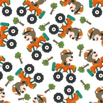Seamless pattern vector of monster truck with animal driver. Stock Illustration