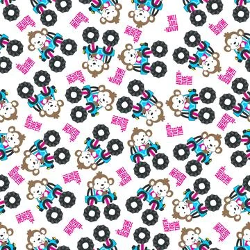 Seamless pattern vector of monster truck with little monkey driver. Stock Illustration