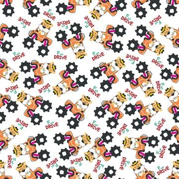 Seamless pattern vector of monster truck with little tiger driver Stock Illustration