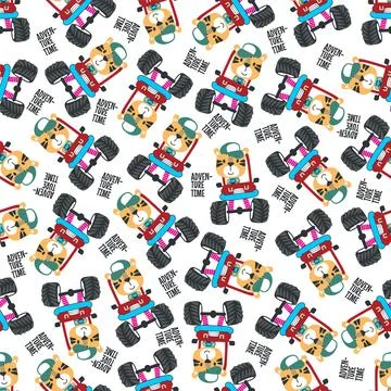 Seamless pattern vector of monster truck with little tiger driver. Stock Illustration