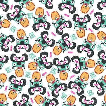 Seamless pattern vector of monster truck with little lion driver. 스톡 일러스트