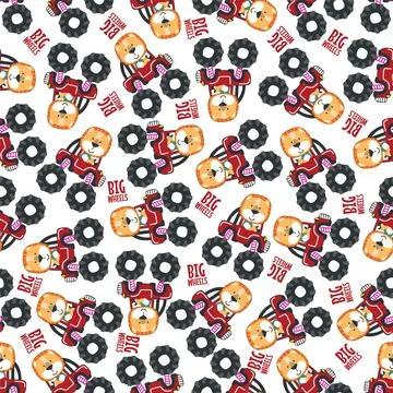 Seamless pattern vector of monster truck with little lion driver. Stock Illustration