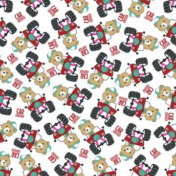 Seamless pattern vector of monster truck with little bear driver. Stock Illustration