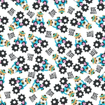 Seamless pattern vector of monster truck with little tiger driver. Stock Illustration