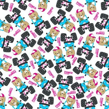 Seamless pattern vector of monster truck with little bear driver. Stock Illustration