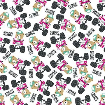 Seamless pattern vector of monster truck with little bear driver. Stock Illustration
