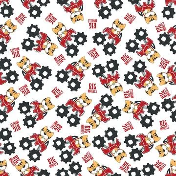 Seamless pattern vector of monster truck with little tiger driver. Stock Illustration